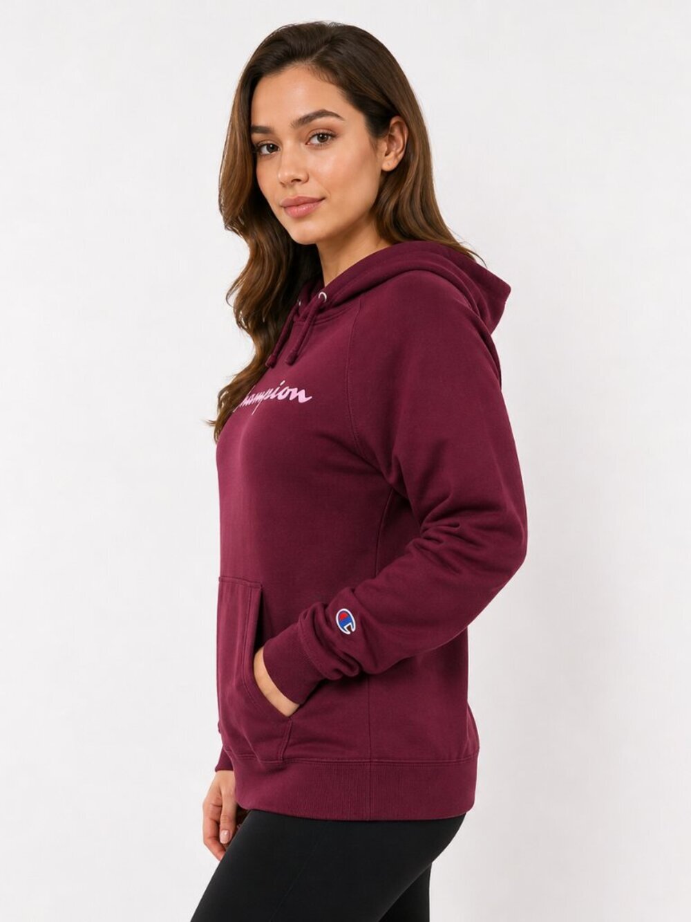 Champion Womens Hoodie Small Burgundy Logo Pullover Sweatshirt Casual - Picture 2 of 12